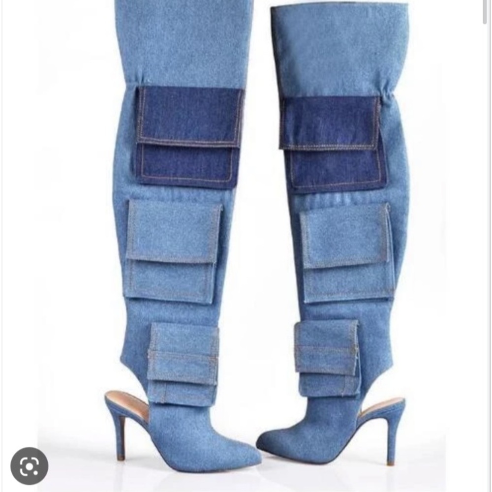 Denim over the knee boots with pockets